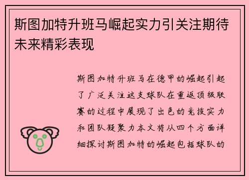 斯图加特升班马崛起实力引关注期待未来精彩表现