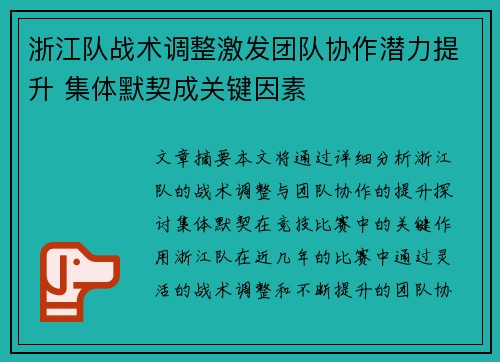 浙江队战术调整激发团队协作潜力提升 集体默契成关键因素