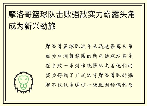 摩洛哥篮球队击败强敌实力崭露头角成为新兴劲旅