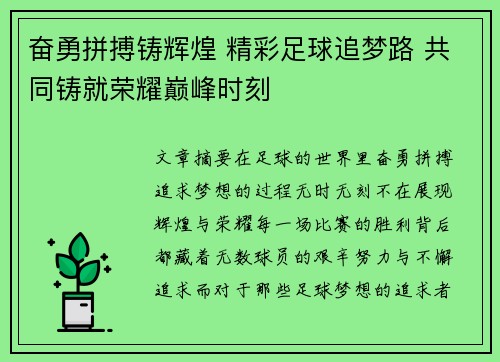 奋勇拼搏铸辉煌 精彩足球追梦路 共同铸就荣耀巅峰时刻