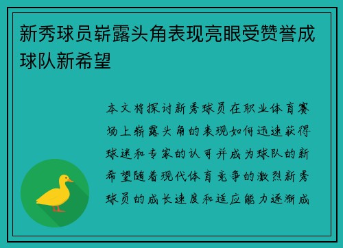 新秀球员崭露头角表现亮眼受赞誉成球队新希望